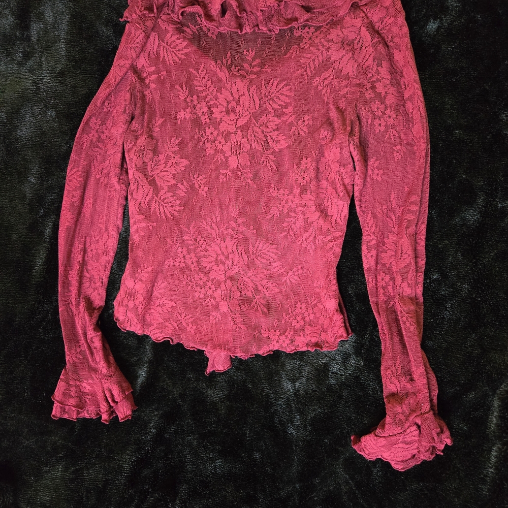 Sheer Mesh Floral Red Ruffled Women's Top - Picture 2 of 5